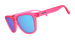 goodr Flamingos on a Booze Cruise Pink sunglasses with blue lenses on a white background