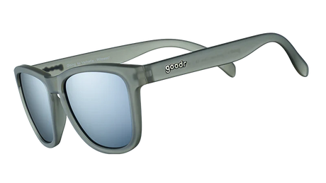 Goodr VALHALLA WITNESS gray sunglasses with blue lenses on a white background