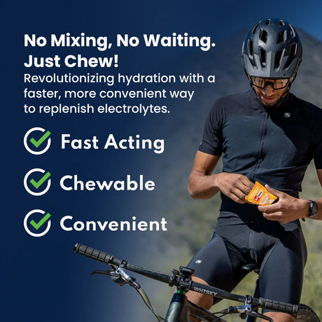 Person on a bicycle with hydration product packaging, promotional text about electrolyte replenishment. - SaltStick FastChews