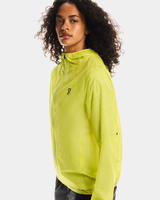 Person wearing a bright green athletic jacket on a white background - On Ultra Jacket (Women's) - Limelight/Lime