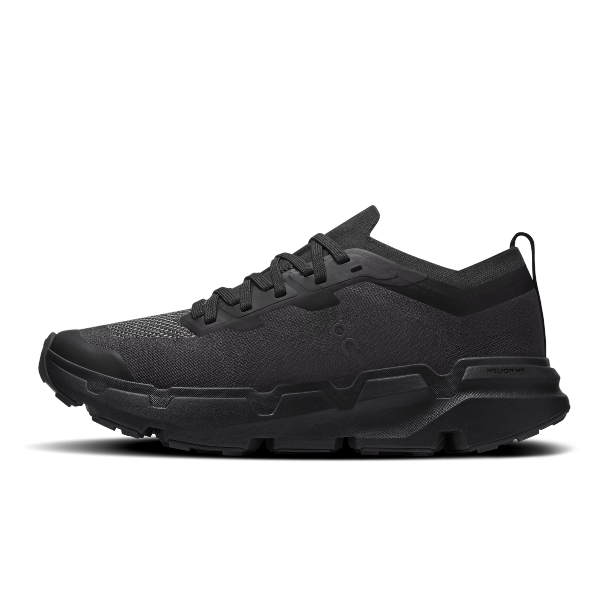 A black athletic sneaker shown from a side profile view against a solid white background. - On Cloudsoma Shoes (Women's) - Black