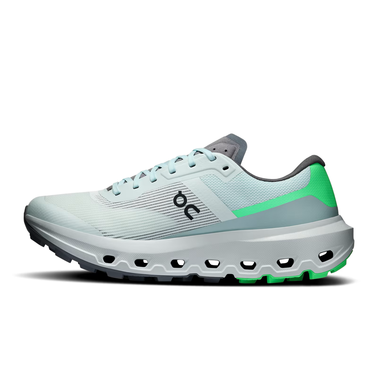 A light gray and mint green running shoe with a black 'on' logo on the side, shown in a side profile view against a white background. - On Cloudvista 3 Shoes (Women's) - Flurry/Verdite