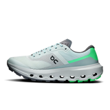 A light gray and mint green running shoe with a black 'on' logo on the side, shown in a side profile view against a white background. - On Cloudvista 3 Shoes (Women's) - Flurry/Verdite
