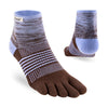 Pair of brown and blue five-toe socks on a white background - Injinji Trail 2.0 Midweight Mini-Crew Toesocks (Women's) - Periwinkle