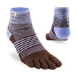 Pair of brown and blue five-toe socks on a white background - Injinji Trail 2.0 Midweight Mini-Crew Toesocks (Women's) - Periwinkle