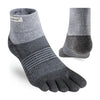 Gray five-toe socks with a brand label on a white background - Injinji Trail 2.0 Midweight Mini-Crew Toesocks (Women's) - Granite