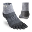 Gray five-toe socks with a brand label on a white background - Injinji Trail 2.0 Midweight Mini-Crew Toesocks (Women's) - Granite