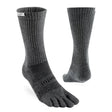 Pair of gray five-toe socks on a white background - Injinji Trail Midweight Crew Toesocks (Unisex) - Granite