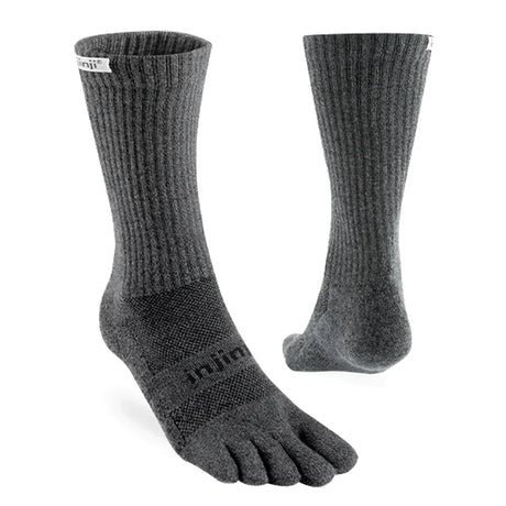 Pair of gray five-toe socks on a white background - Injinji Trail Midweight Crew Toesocks (Unisex) - Granite