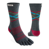 Pair of gray toe-separated socks with colorful patterns on a white background - Injinji Trail Midweight Crew Toesocks (Unisex) - Peak