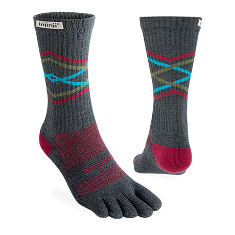 Pair of gray toe-separated socks with colorful patterns on a white background - Injinji Trail Midweight Crew Toesocks (Unisex) - Peak