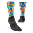 Colorful bear-patterned toe-toe socks with black soles on a white background - Injinji Spectrum Trail Midweight Crew Socks (Unisex) - Gummy Bears