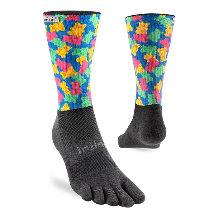 Colorful bear-patterned toe-toe socks with black soles on a white background - Injinji Spectrum Trail Midweight Crew Socks (Unisex) - Gummy Bears