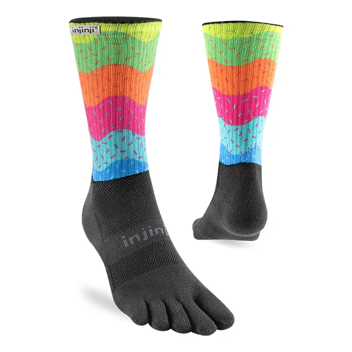 Colorful five-toe sock with black foot on a white background - Injinji Spectrum Trail Midweight Crew Socks (Unisex) - Sprinkles