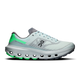 A single On running shoe in a light mint green and gray colorway with bright neon green accents on the heel, midsole, and outsole, shown from a side profile on a white background. - On Cloudvista 3 Shoes (Women's) - Flurry/Verdite