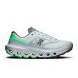 A single On running shoe in a light mint green and gray colorway with bright neon green accents on the heel, midsole, and outsole, shown from a side profile on a white background. - On Cloudvista 3 Shoes (Women's) - Flurry/Verdite