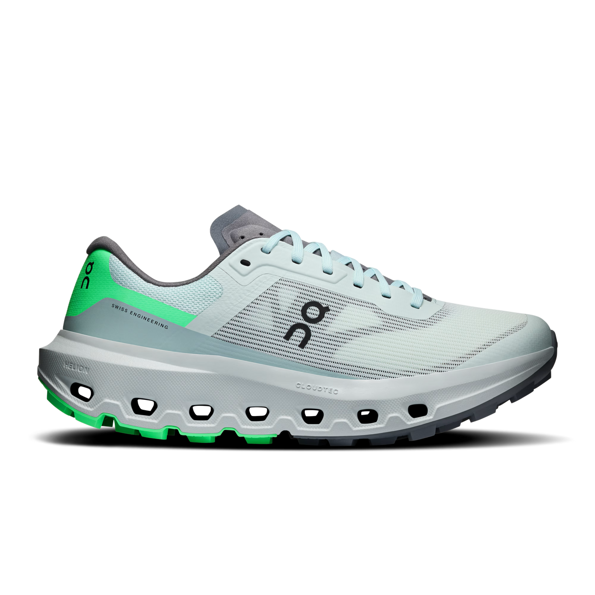 A single On running shoe in a light mint green and gray colorway with bright neon green accents on the heel, midsole, and outsole, shown from a side profile on a white background. - On Cloudvista 3 Shoes (Women's) - Flurry/Verdite