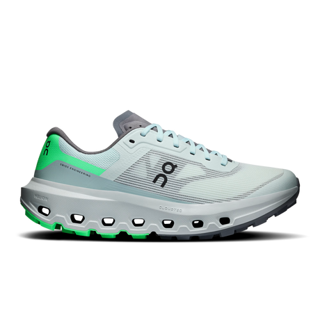 A single On running shoe in a light mint green and gray colorway with bright neon green accents on the heel, midsole, and outsole, shown from a side profile on a white background. - On Cloudvista 3 Shoes (Women's) - Flurry/Verdite