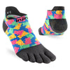 Colorful toe-separated socks with black soles on a white background - Injinji Spectrum Run Lightweight No-Show Toesocks (Women's) - Gummy Bears