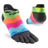 A pair of low-cut five-toe athletic socks shown on a white background, with one sock oriented front-facing and the other angled to show the side. The socks feature a black toe and cuff, and a wavy multicolor pattern in neon green, orange, pink, and light blue with small pink speckles. - Injinji Spectrum Run Lightweight No-Show Toesocks (Women's) - Sprinkles