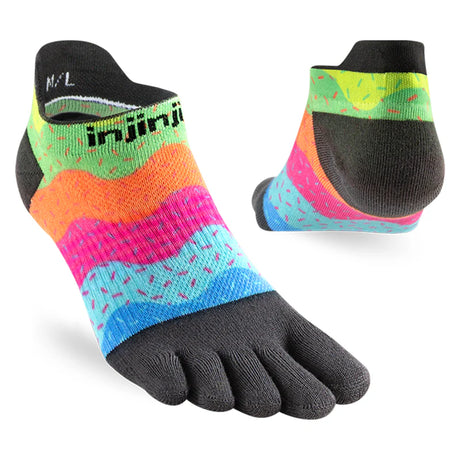 A pair of low-cut five-toe athletic socks shown on a white background, with one sock oriented front-facing and the other angled to show the side. The socks feature a black toe and cuff, and a wavy multicolor pattern in neon green, orange, pink, and light blue with small pink speckles. - Injinji Spectrum Run Lightweight No-Show Toesocks (Women's) - Sprinkles