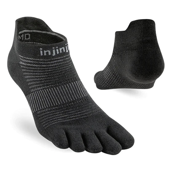 Black five-toe sock with 'injinji' branding on a white background - Injinji Run Lightweight No-Show (Men's) - Black
