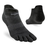 Black five-toe sock with 'injinji' branding on a white background - Injinji Run Lightweight No-Show (Men's) - Black