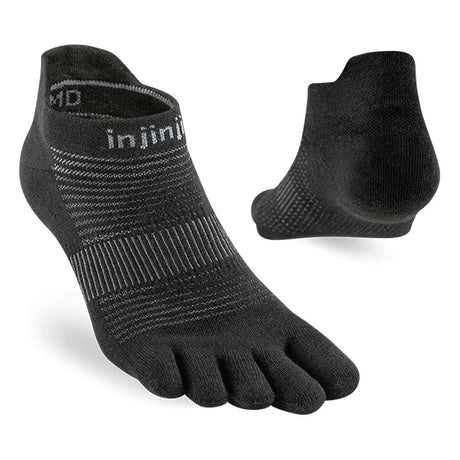 Black five-toe sock with 'injinji' branding on a white background - Injinji Run Lightweight No-Show (Men's) - Black