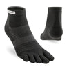 Black five-toe sock with 'Injinji' branding on a white background - Injinji Run Lightweight Mini-Crew Toesocks (Unisex) - Black