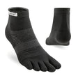 Black five-toe sock with 'Injinji' branding on a white background - Injinji Run Lightweight Mini-Crew Toesocks (Unisex) - Black