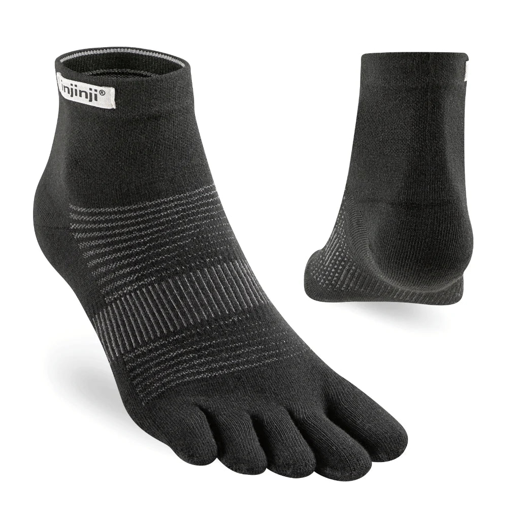 Black five-toe sock with 'Injinji' branding on a white background - Injinji Run Lightweight Mini-Crew Toesocks (Unisex) - Black
