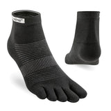 Black five-toe sock with 'Injinji' branding on a white background - Injinji Run Lightweight Mini-Crew Toesocks (Unisex) - Black