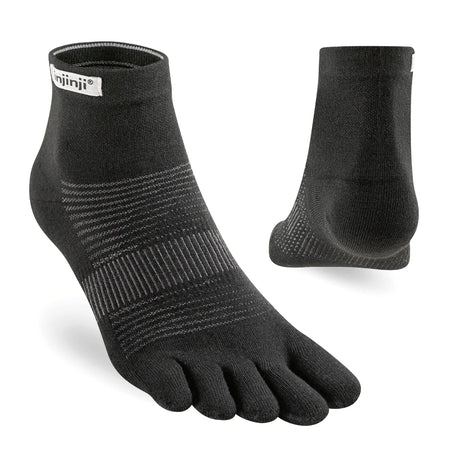 Black five-toe sock with 'Injinji' branding on a white background - Injinji Run Lightweight Mini-Crew Toesocks (Unisex) - Black