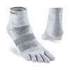Gray five-toe sock with black accents on a white background - Injinji Run Lightweight Mini-Crew Toesocks (Unisex) - Grey