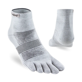 Gray five-toe sock with black accents on a white background - Injinji Run Lightweight Mini-Crew Toesocks (Unisex) - Grey