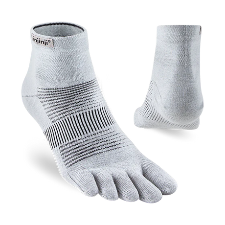 Gray five-toe sock with black accents on a white background - Injinji Run Lightweight Mini-Crew Toesocks (Unisex) - Grey