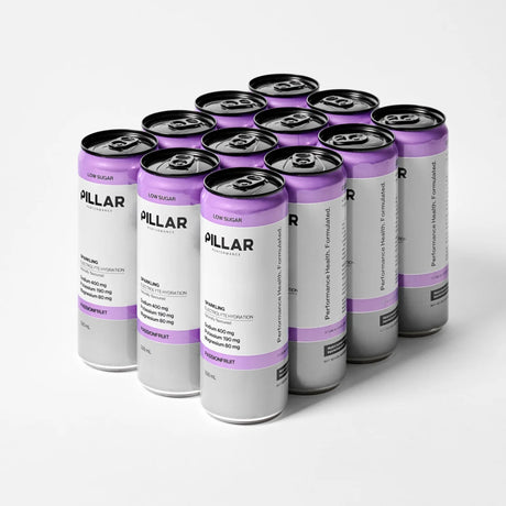 Multiple cans of Pillar energy drink arranged in a row on a white background - Pillar Performance Sparkling Electrolyte Hydration - Passionfruit - 12 Pack