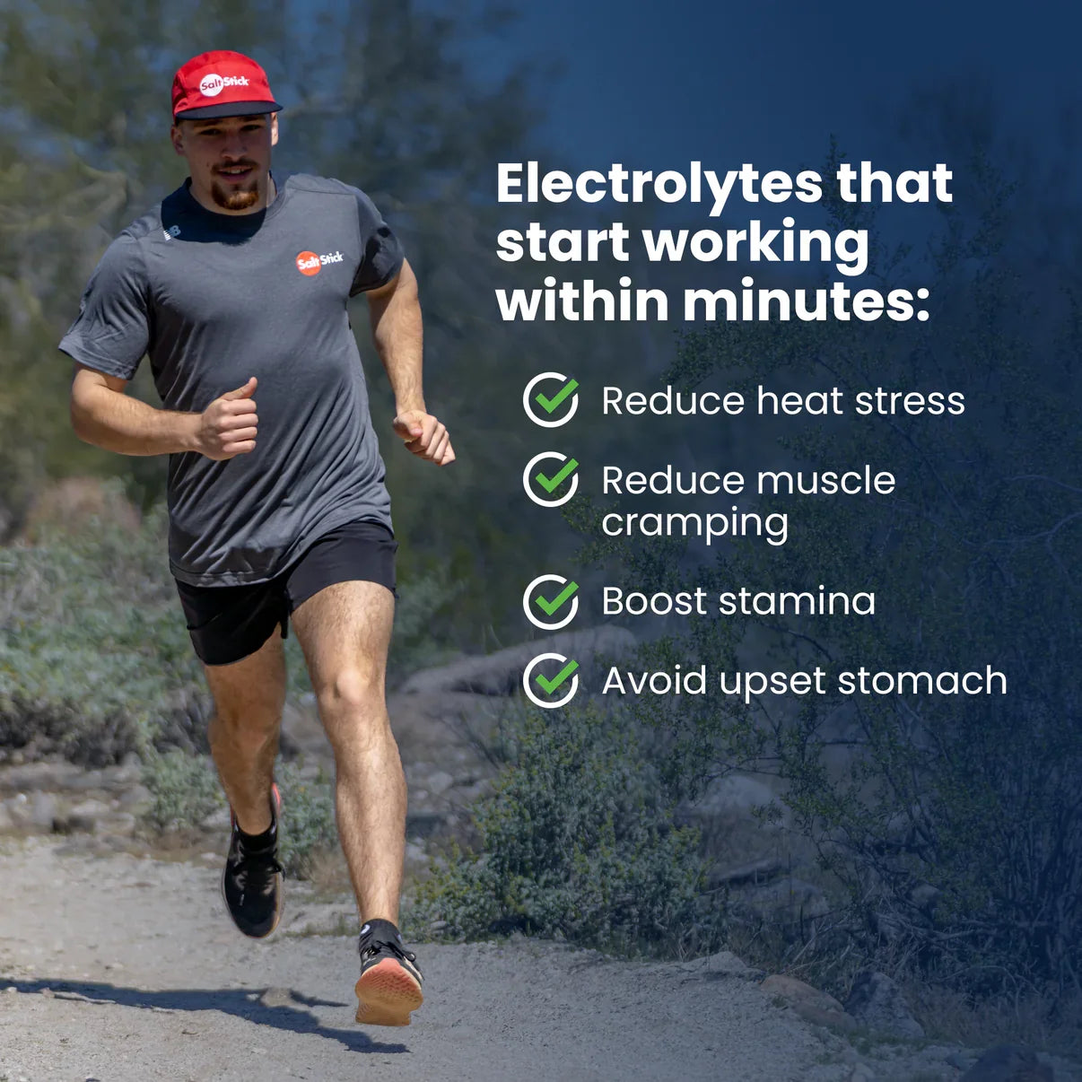 Man running outdoors with text about electrolyte benefits - SaltStick FastChews