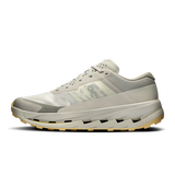 A single athletic trail running shoe shown in profile against a solid white background. The shoe features a light gray and off-white mesh and synthetic upper, a thick light gray midsole with a chunky gum outsole, and a small light blue logo on the side. - On Cloudultra 3 Shoes (Men's) - Brume/Winter