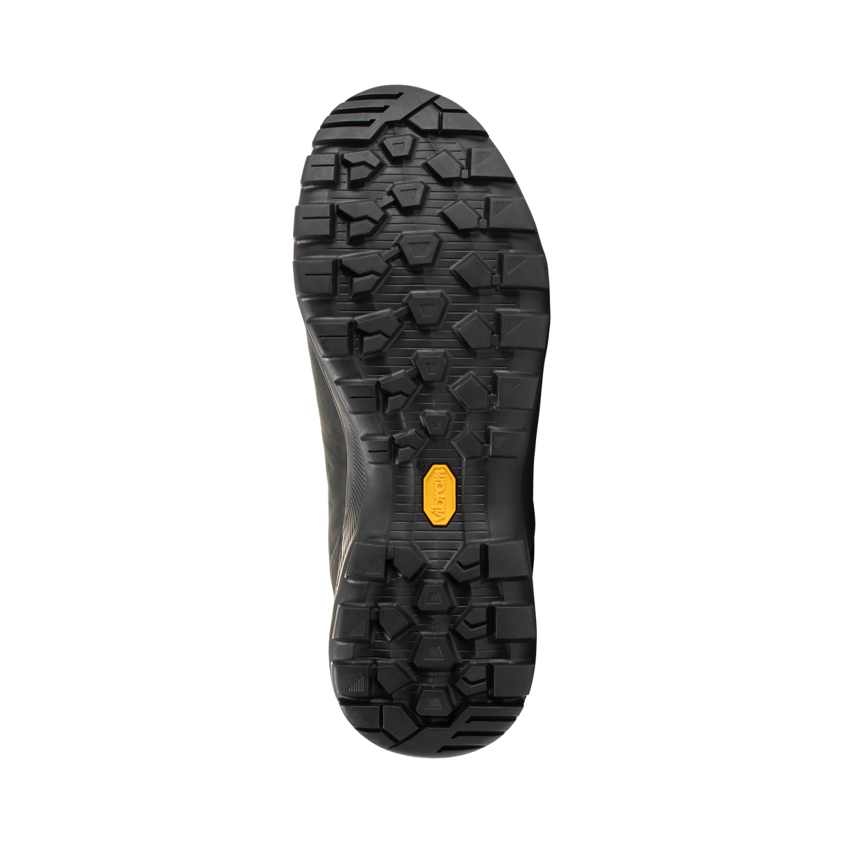 A top-down view of a black rugged outdoor boot sole, showing deep lugs and a small yellow Vibram logo on the heel, set against a plain white background. - Mammut Mercury Tour II High GORE-TEX (Men's) - Black/Black