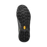A top-down view of a black rugged outdoor boot sole, showing deep lugs and a small yellow Vibram logo on the heel, set against a plain white background. - Mammut Mercury Tour II High GORE-TEX (Men's) - Black/Black