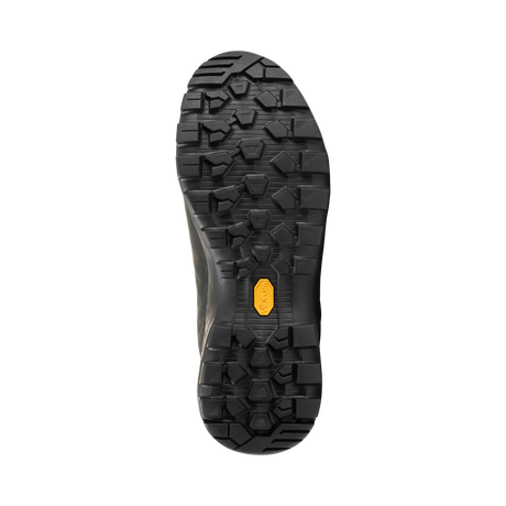A top-down view of a black rugged outdoor boot sole, showing deep lugs and a small yellow Vibram logo on the heel, set against a plain white background. - Mammut Mercury Tour II High GORE-TEX (Men's) - Black/Black