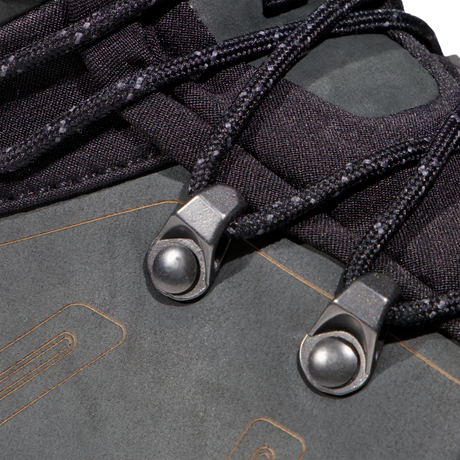 Close-up detail of black laces threaded through dark metal and fabric eyelets on a dark gray shoe upper. - Mammut Mercury Tour II High GORE-TEX (Men's) - Black/Black