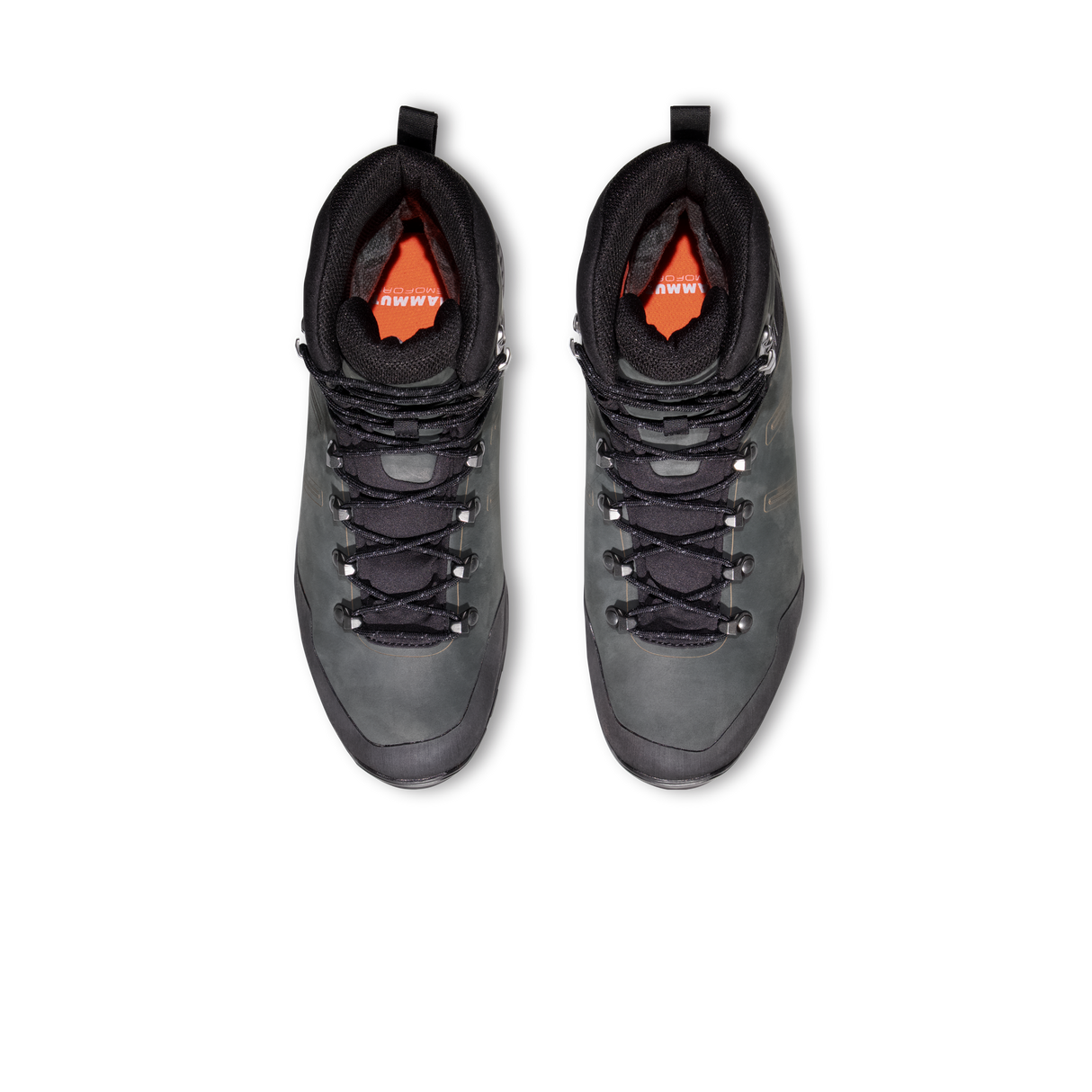 A pair of black high-top waterproof hiking boots with silver metal eyelets and a bright orange interior lining, shown from a top-down view on a white background. - Mammut Mercury Tour II High GORE-TEX (Men's) - Black/Black