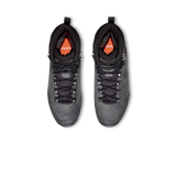 A pair of black high-top waterproof hiking boots with silver metal eyelets and a bright orange interior lining, shown from a top-down view on a white background. - Mammut Mercury Tour II High GORE-TEX (Men's) - Black/Black