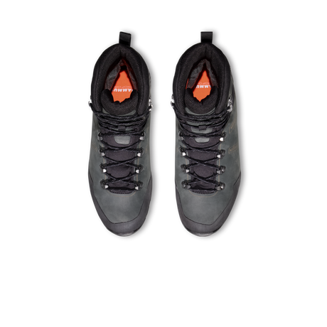 A pair of black high-top waterproof hiking boots with silver metal eyelets and a bright orange interior lining, shown from a top-down view on a white background. - Mammut Mercury Tour II High GORE-TEX (Men's) - Black/Black