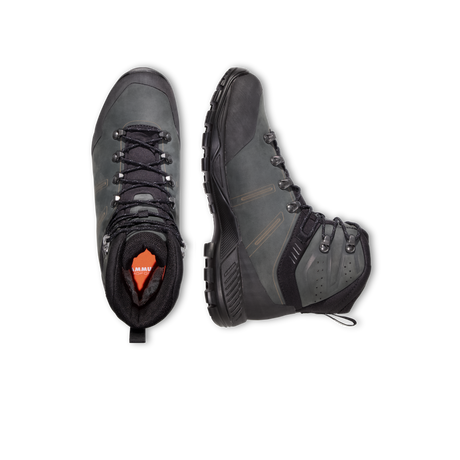 A pair of dark gray and black high-top hiking boots shown from the top and side views on a plain white background. The interior lining is black, and an orange logo patch is visible inside the collar. - Mammut Mercury Tour II High GORE-TEX (Men's) - Black/Black