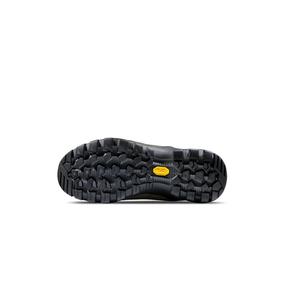 A single rugged black shoe sole shown from a top-down view on a plain white background, featuring a small yellow Vibram logo. - Mammut Nova Tour II High GORE-TEX Boots (Women's) - Oak/Bark