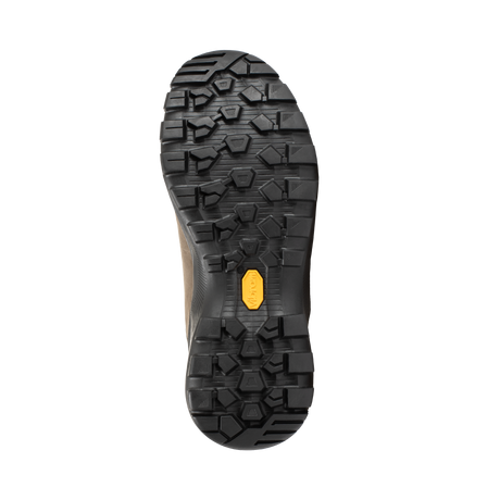 The bottom sole of a hiking boot, featuring a black Vibram tread pattern with a small yellow Vibram logo badge in the center. - Mammut Nova Tour II High GORE-TEX Boots (Women's) - Oak/Bark