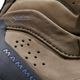 Close-up detail of a brown Mammut boot showing the Mammut logo on a dark gray panel and a stitched GORE-TEX label on the suede upper. - Mammut Nova Tour II High GORE-TEX Boots (Women's) - Oak/Bark